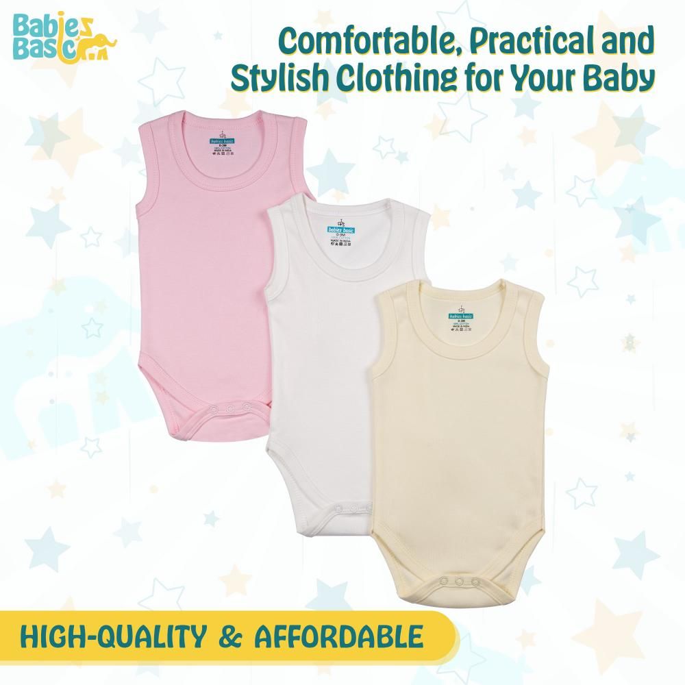 Babies Basic - 3pc-Set - Cotton Sleeveless Bodysuit - Pink/Lemon