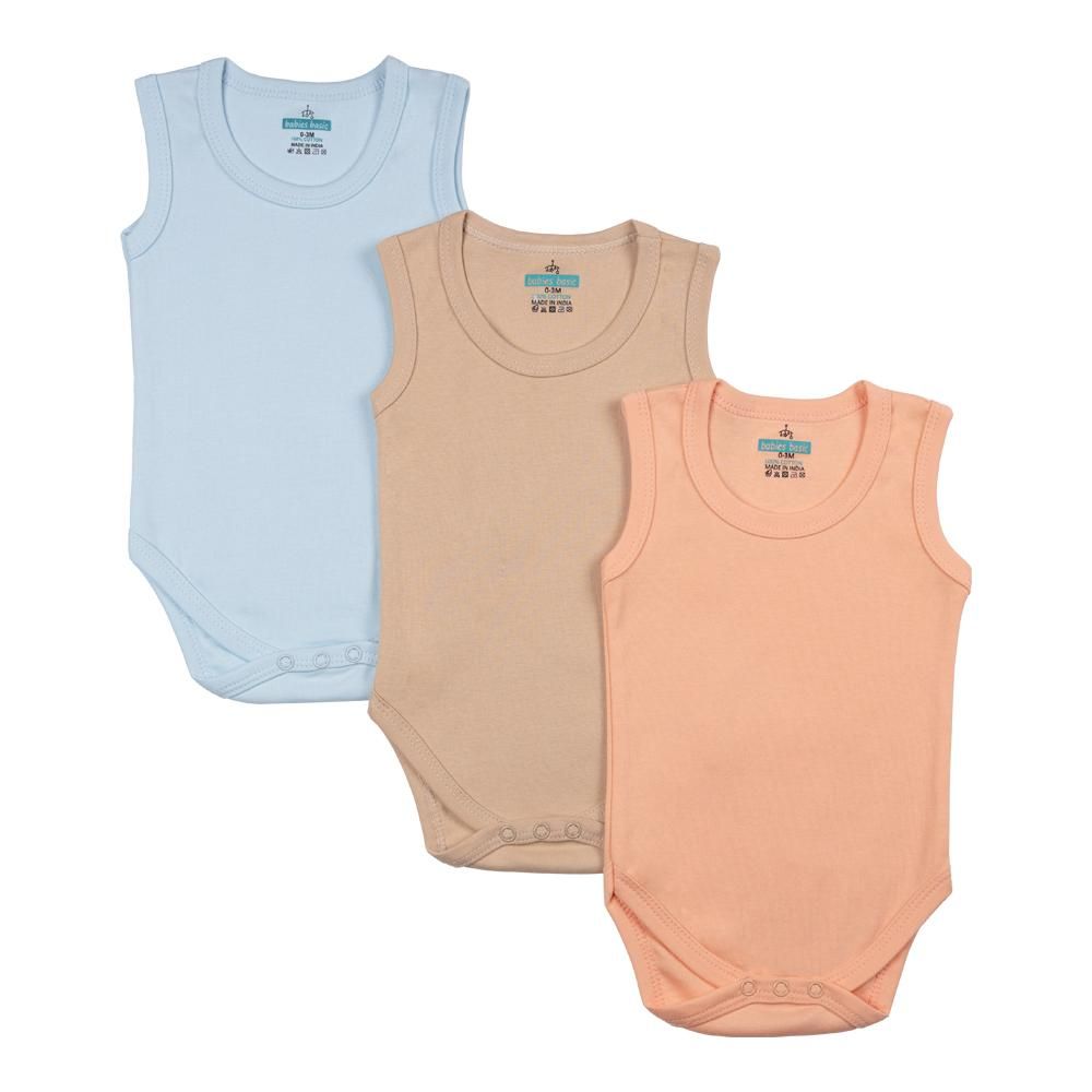 Babies Basic - 3pc-Set - Cotton Sleeveless Bodysuit - Blue/Brown