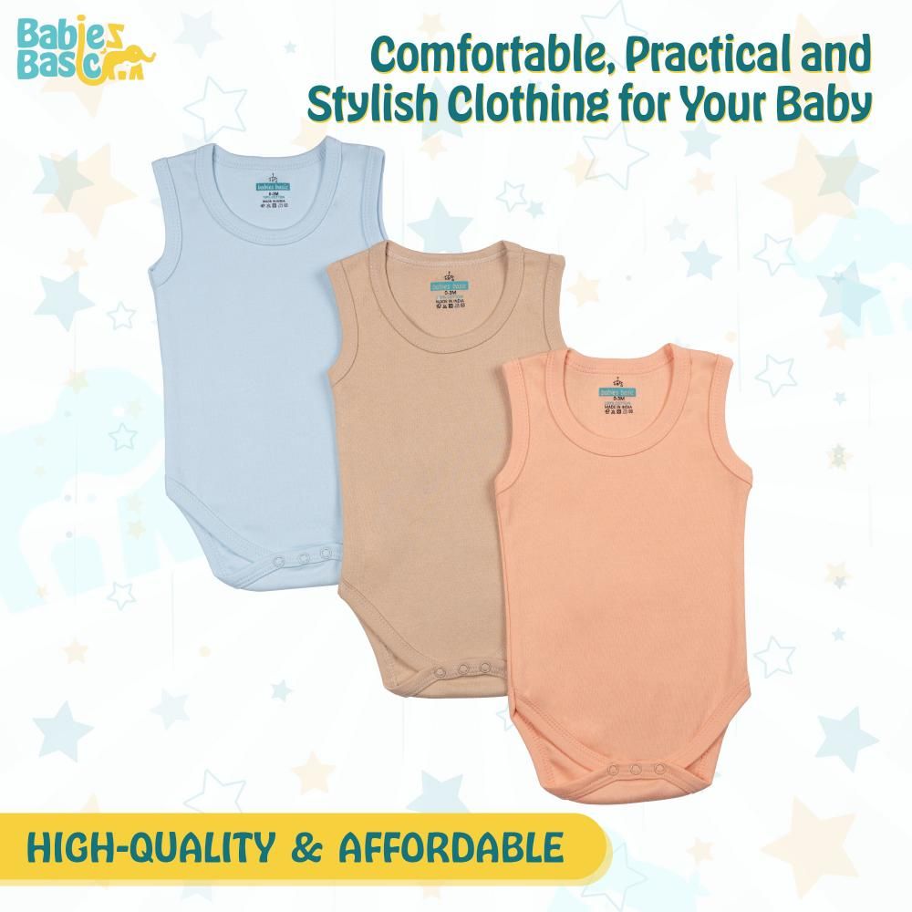 Babies Basic - 3pc-Set - Cotton Sleeveless Bodysuit - Blue/Brown