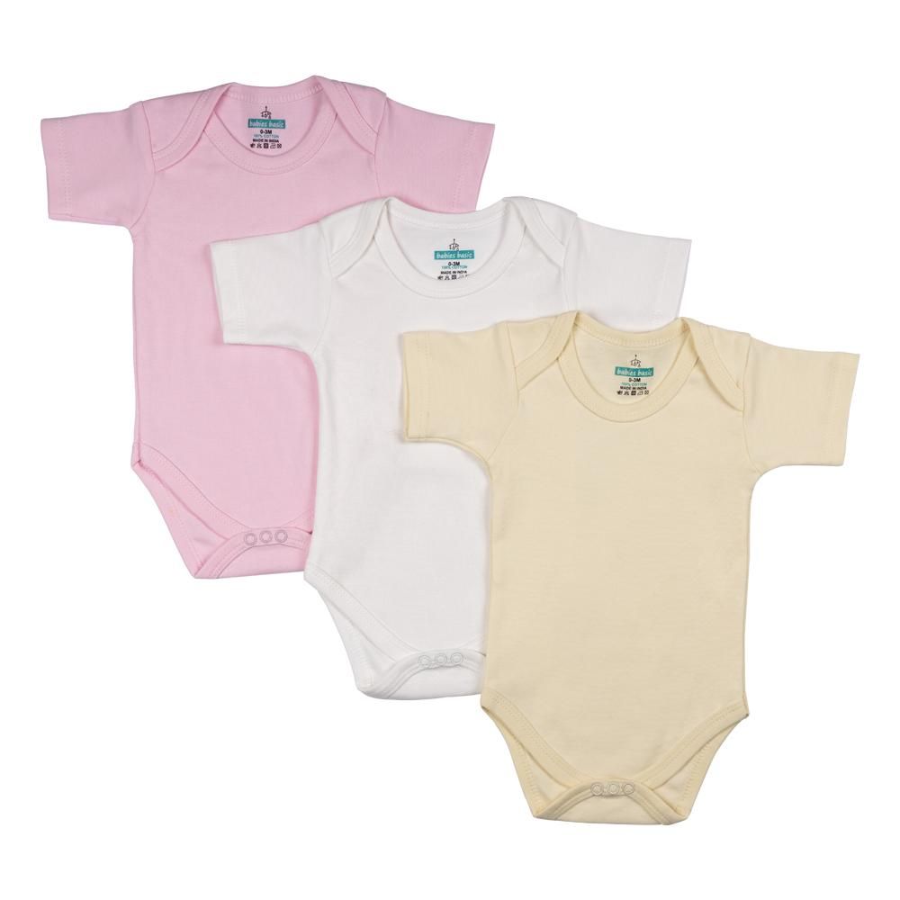 Babies Basic - 3pc-Set - Short Sleeves Bodysuit - Pink/Lemon