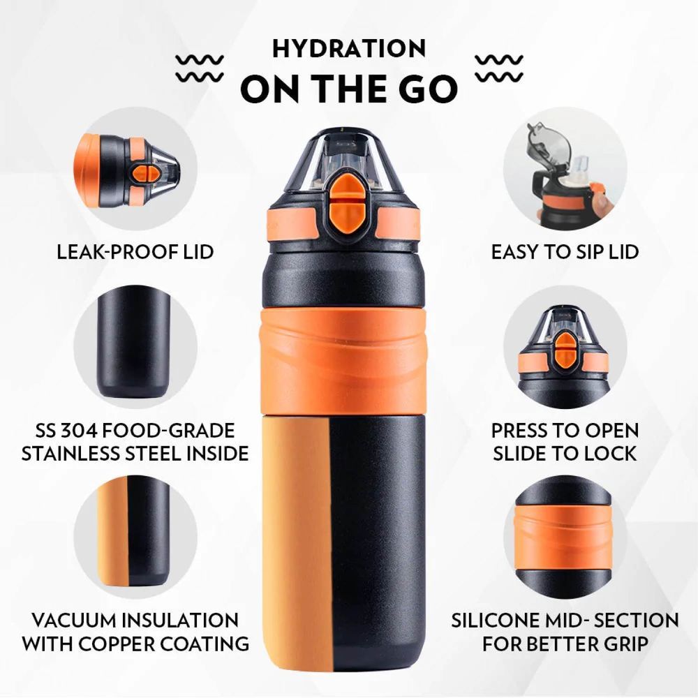 Borosil - Adventure Sipper Water Bottle - Black/Orange - 560 ml