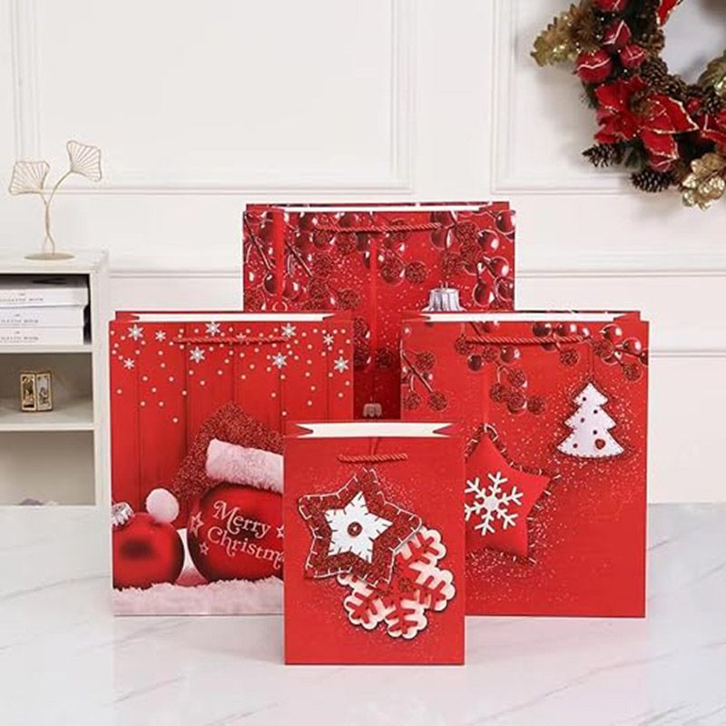 Brain Giggles - 4 Designs Christmas Gift Bag w/ Handles - 12pcs - 31x42x12 Cm - Red