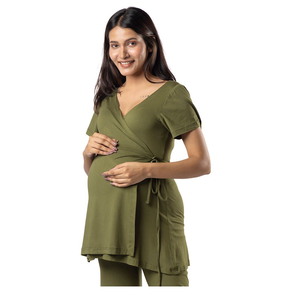 Block Hop - 2pc-Set - Maternity Wrap Co-Ord Set - Olive