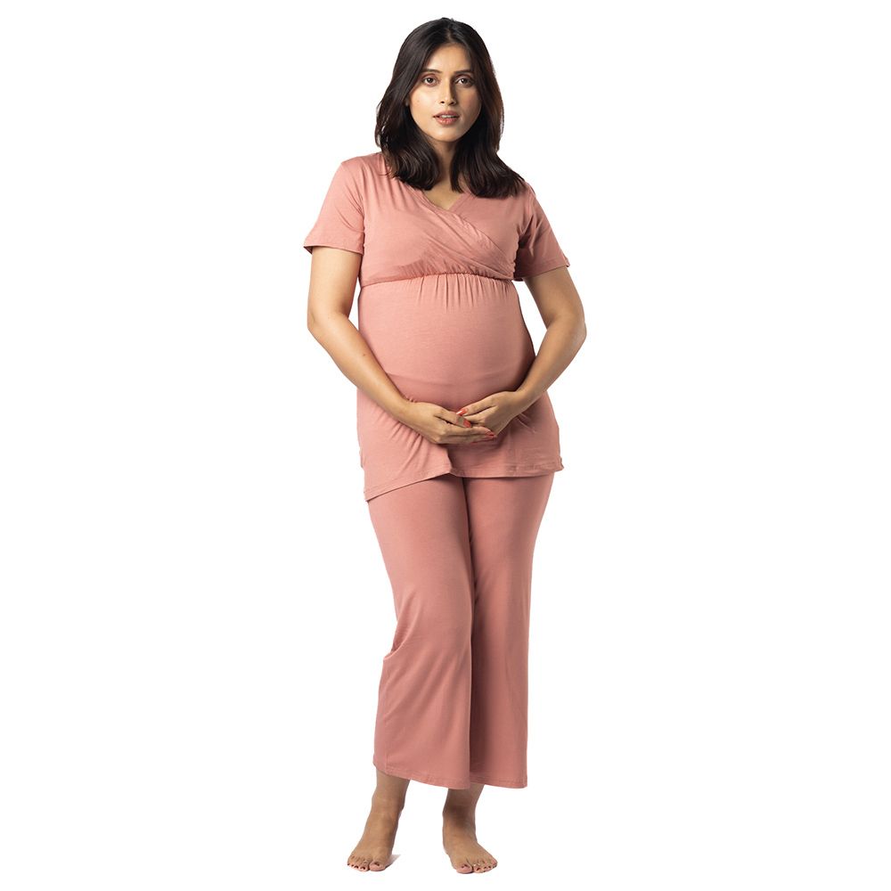 Block Hop - 2pc-Set - Maternity Co-Ord Set - Old Rose