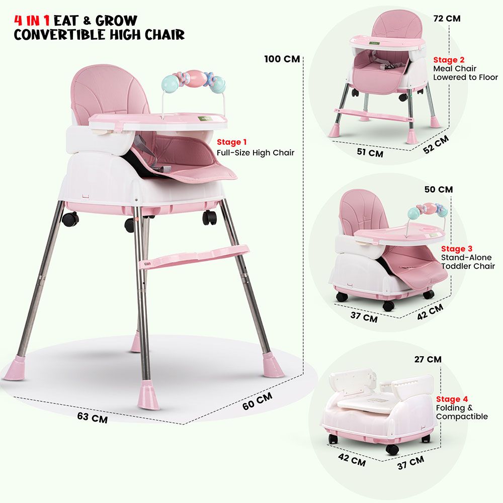 Baybee - 4-In-1 Nora Convertible Baby High Chair - Pink