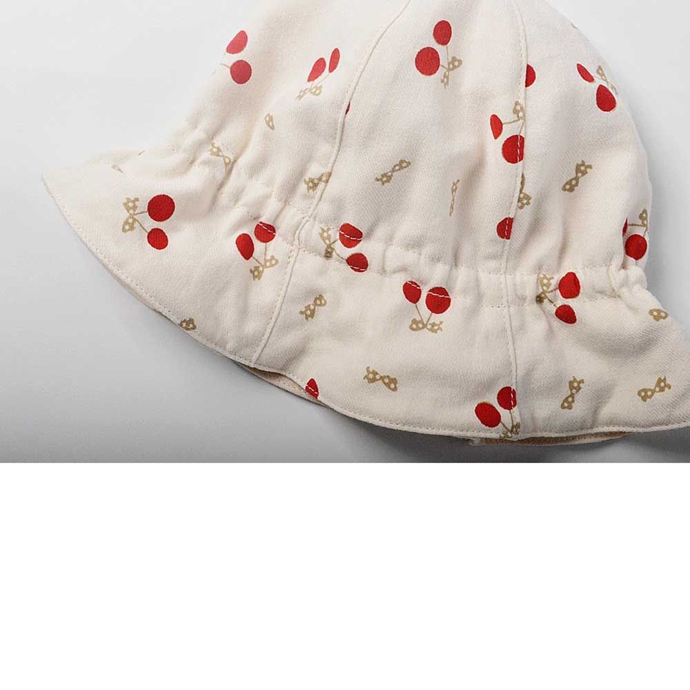 The Girl Cap - Cherries Printed Cotton Bucket Hat - Beige