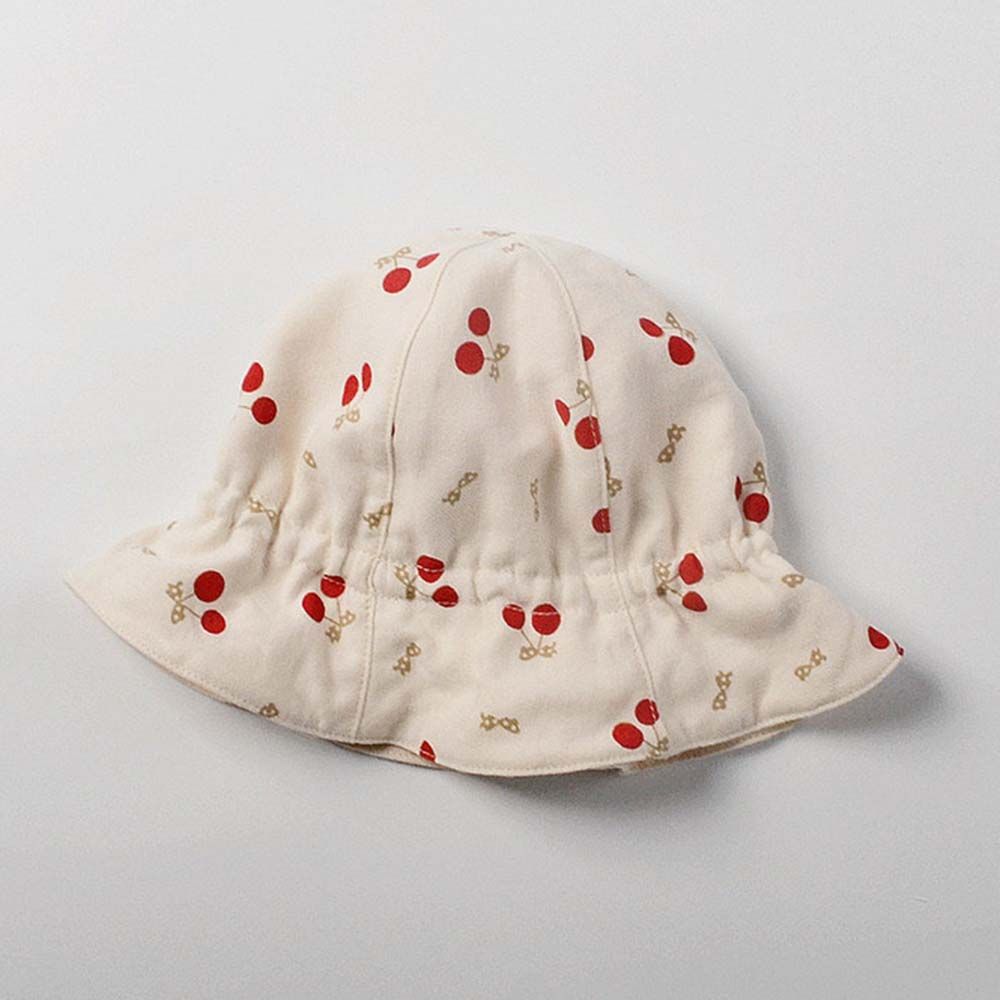 The Girl Cap - Cherries Printed Cotton Bucket Hat - Beige