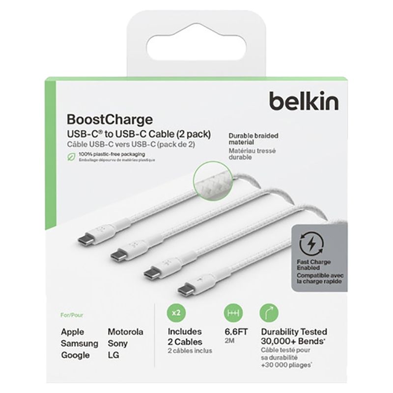 Belkin - C To C 2.0 Braided Cable - White - 2 m - Pack of 2