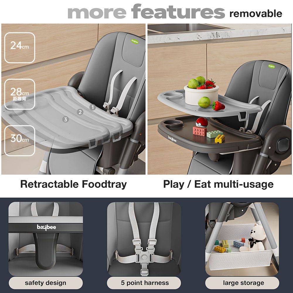 Baybee - 3-In-1 Convertible Baby High Chair - Grey