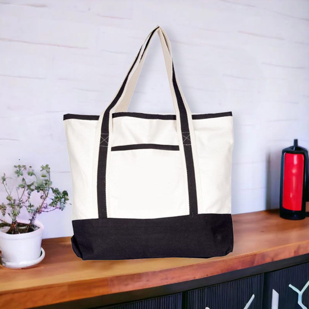 BYFT - Natural Cotton Canvas Tote Bag With Black Tape Handles