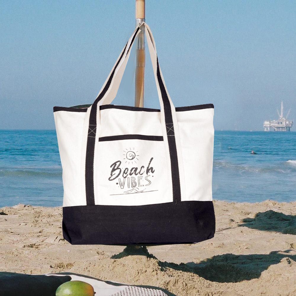 BYFT - Beach Vibes Canvas Bag With Black Tape - White