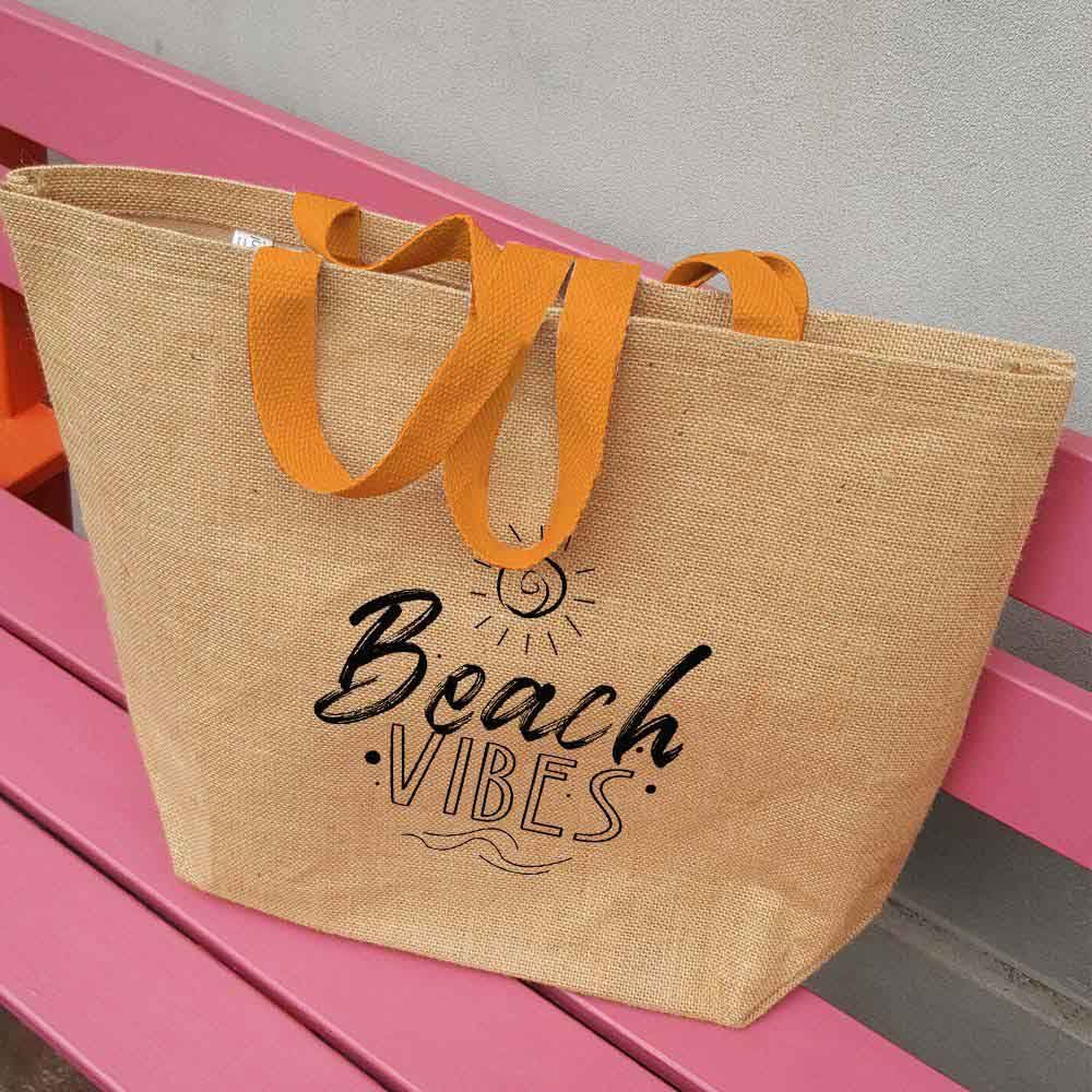 BYFT - Natural Jute Bag With Orange Handle - Beach Vibes