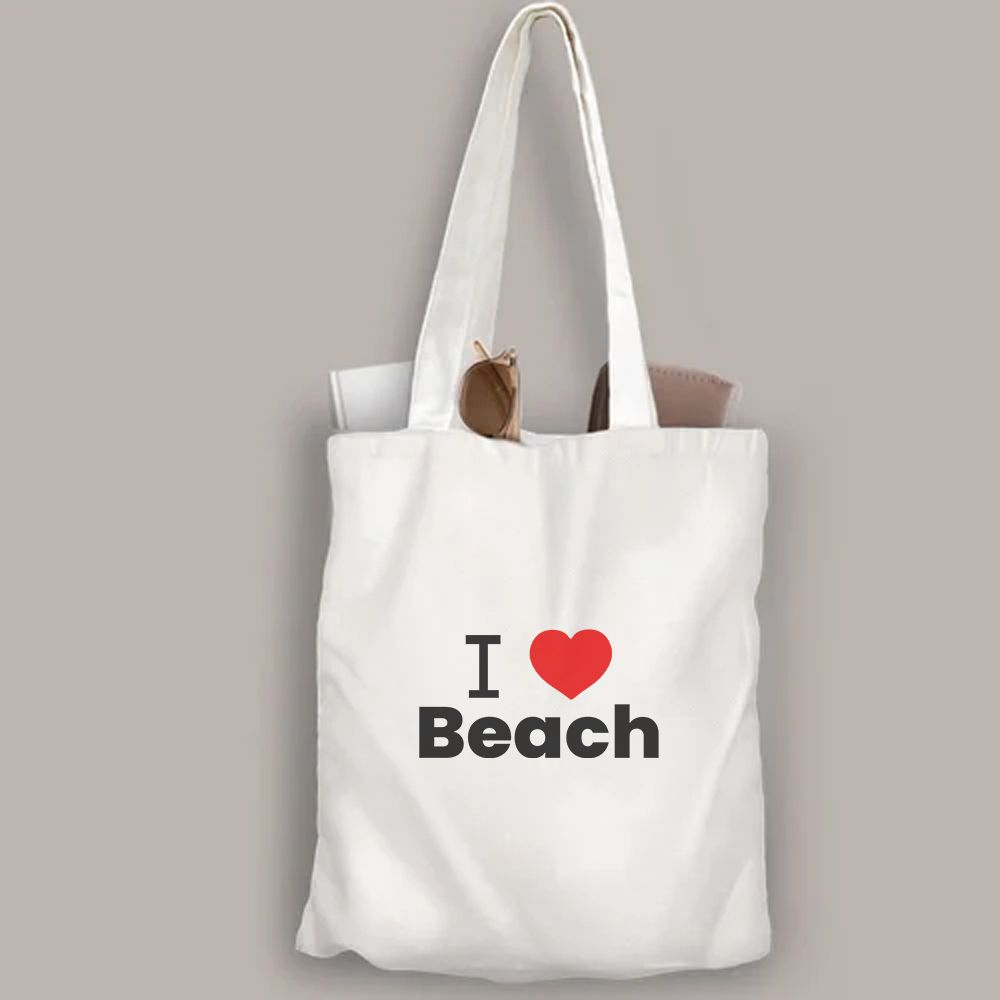 BYFT - I Love Beach Cotton Flat Tote Bag - White