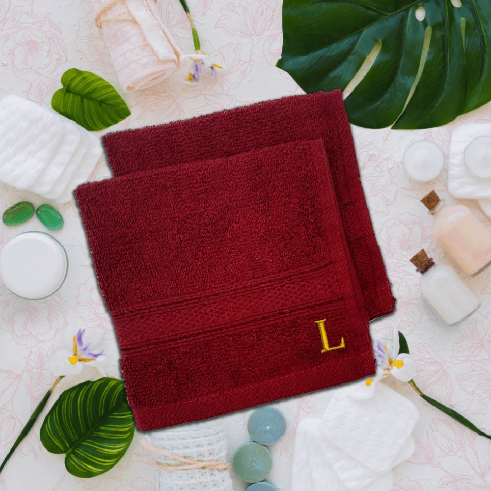 Byft - Letter L Monogrammed Face Towel - 30 x 30 cm - 6pcs - Burgundy