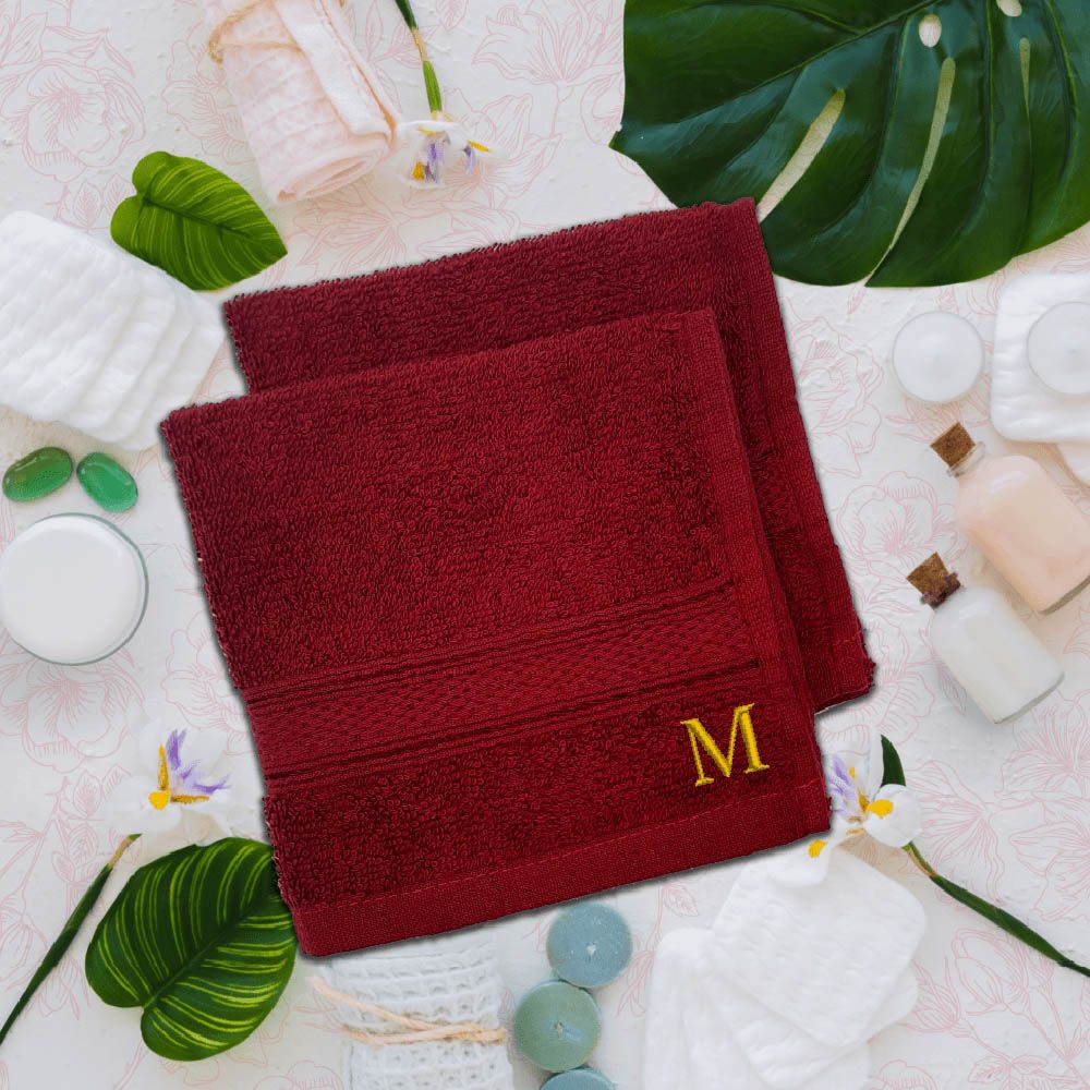 Byft - Letter M Monogrammed Face Towel - 30 x 30 cm - 6pcs - Burgundy