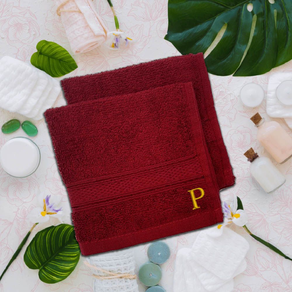 Byft - Letter P Monogrammed Face Towel - 30 x 30 cm - 6pcs - Burgundy