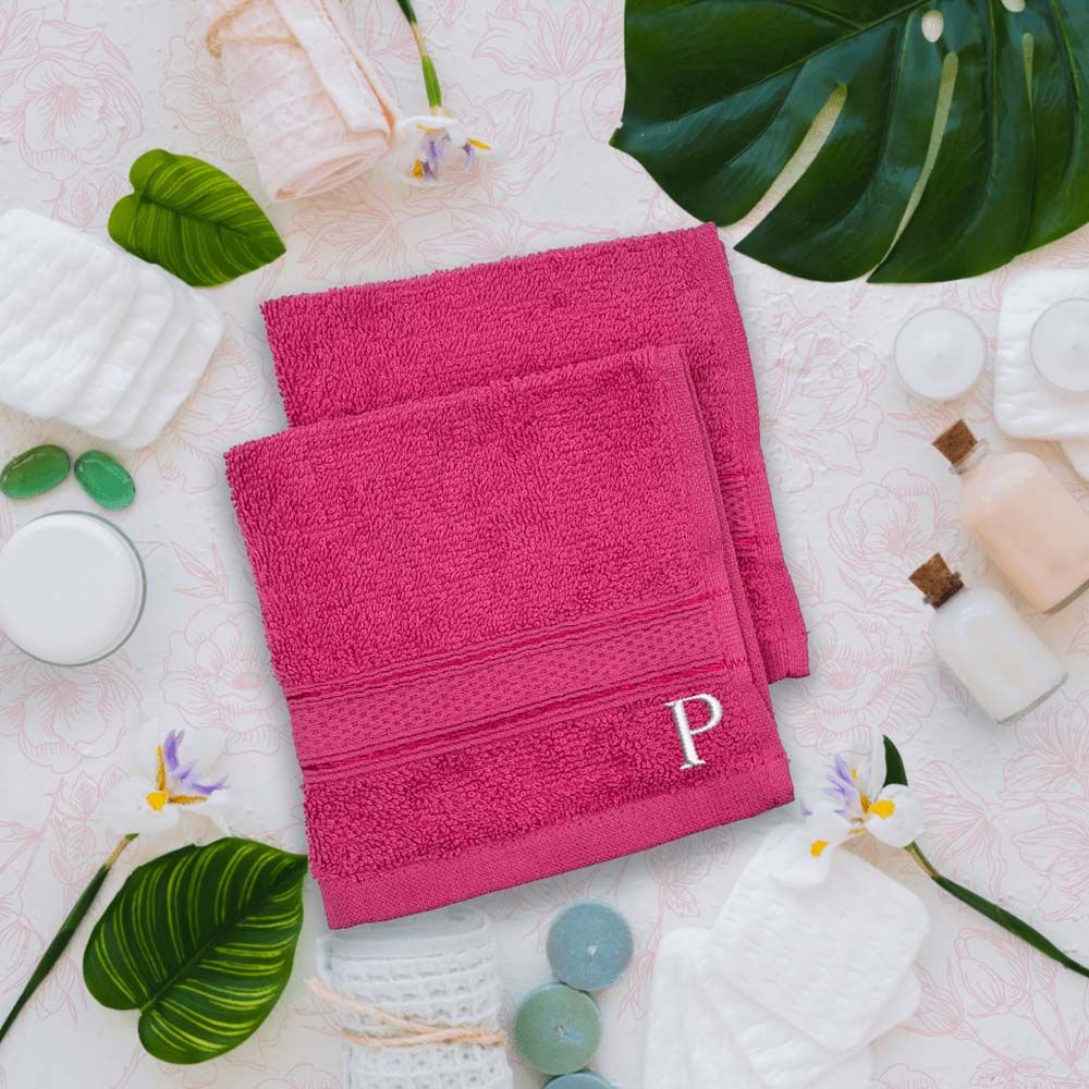 Byft - Letter P Monogrammed Face Towel - 30 x 30 cm - 6pcs - Fuchsia Pink