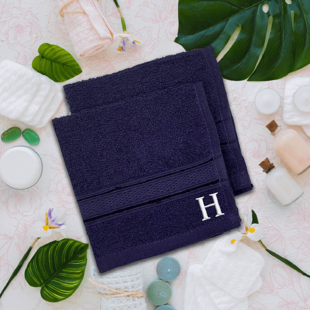 Byft - Letter H Monogrammed Face Towel - 30 x 30 cm - 6pcs - Navy Blue