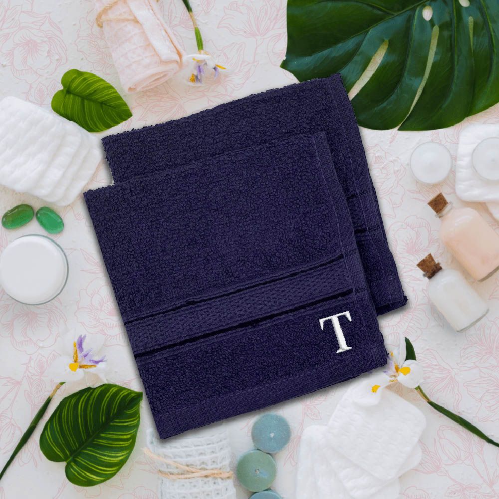 Byft - Letter T Monogrammed Face Towel - 30 x 30 cm - 6pcs - Navy Blue