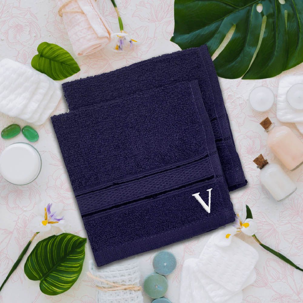 Byft - Letter V Monogrammed Face Towel - 30 x 30 cm - 6pcs - Navy Blue