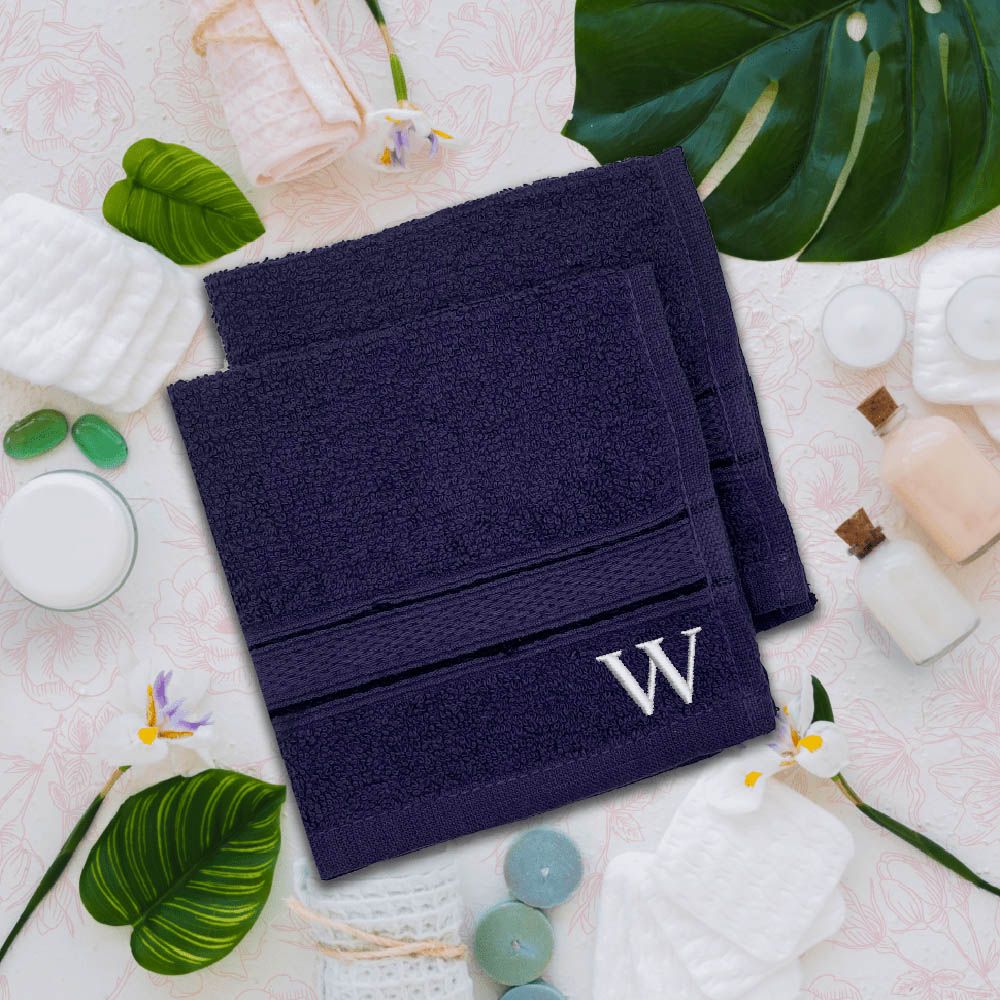 Byft - Letter W Monogrammed Face Towel - 30 x 30 cm - 6pcs - Navy Blue