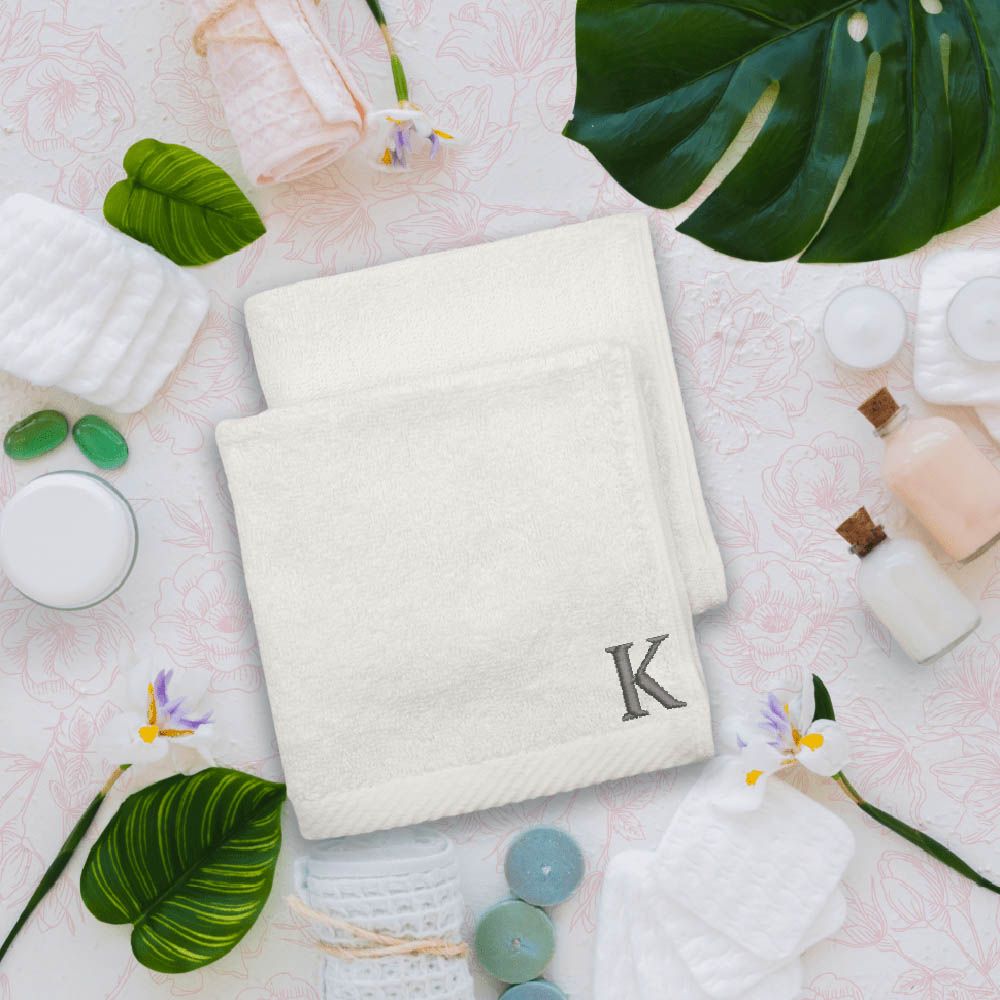 Byft - Letter K Monogrammed Face Towel - 33 x 33 cm - 6pcs - Silver/White