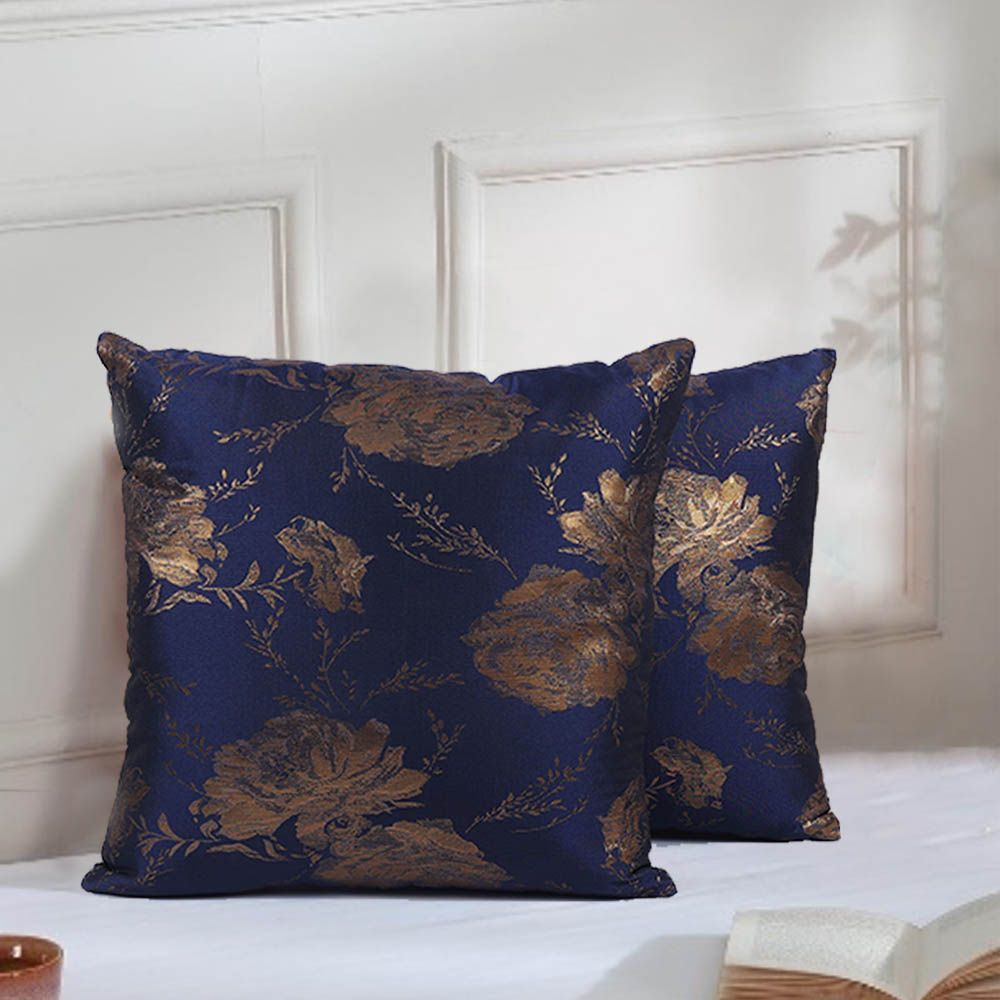 BYFT - Golden Rose Decorative Cushion Cover - Indigo Blue - 2pcs