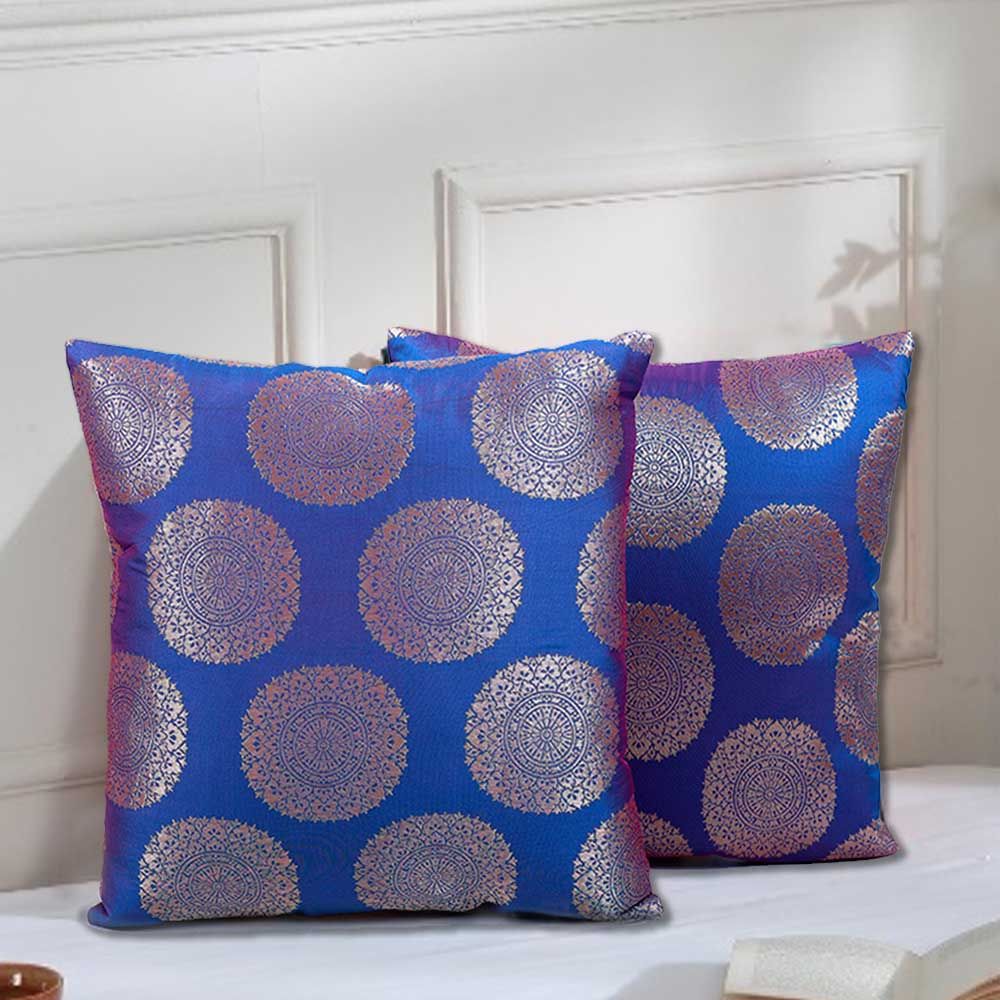 BYFT - Golden Brocade Decorative Cushion Cover - Nick Blue - 2pcs