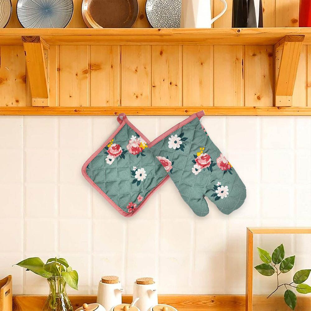 BYFT - Orchard Floral Glove And Pot Holder - Green/Pink - 2pcs