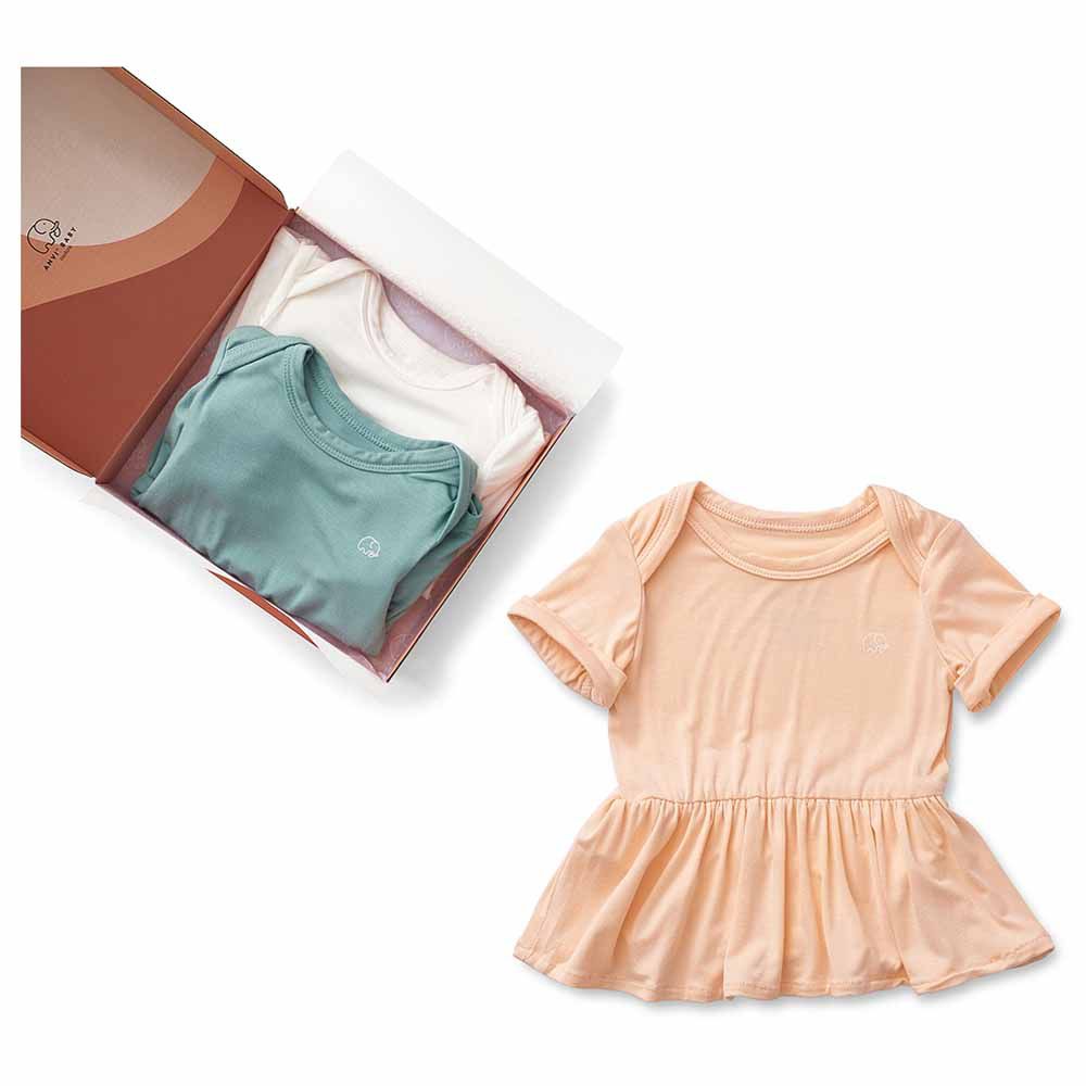 Anvi Baby - 3pc-Set - Organic Bamboo Spandex Onesie Dress - Peach