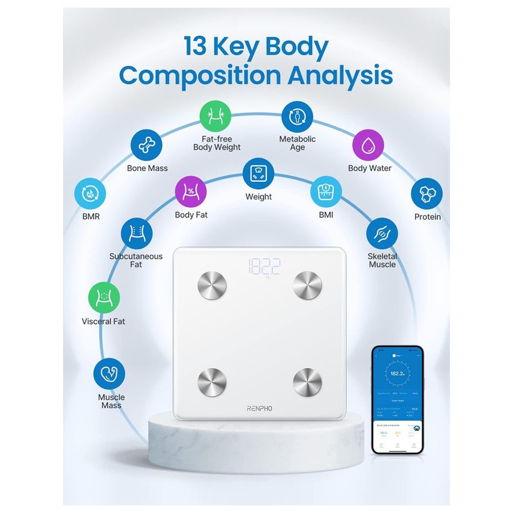 رينفو - ميزان ذكي لتحليل الصحة مع تطبيق ذكي - أبيض