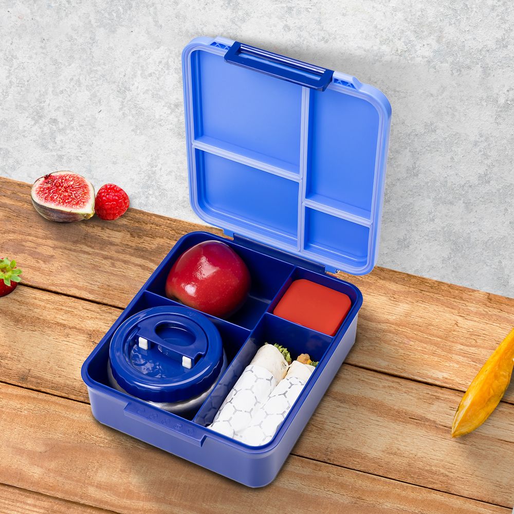 Eazy Kids - 4 Compartment Jumbo Bento Lunch Box With Thermos And Dip Jar - Blue