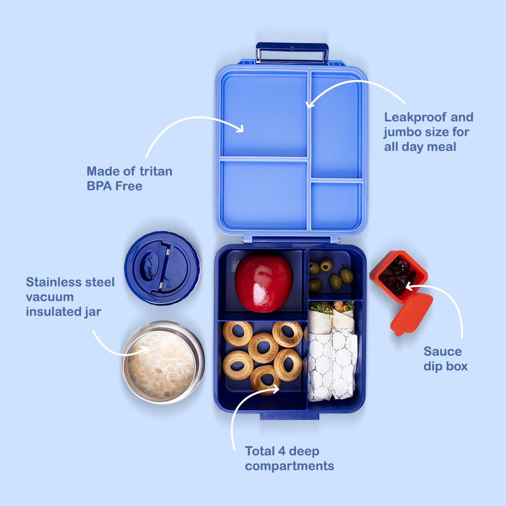 إيزي كيدز - صندوق غداء بينتو مع حافظة طعام عازلة للحرارة وحافظة صلصة - 4 أقسام - أزرق