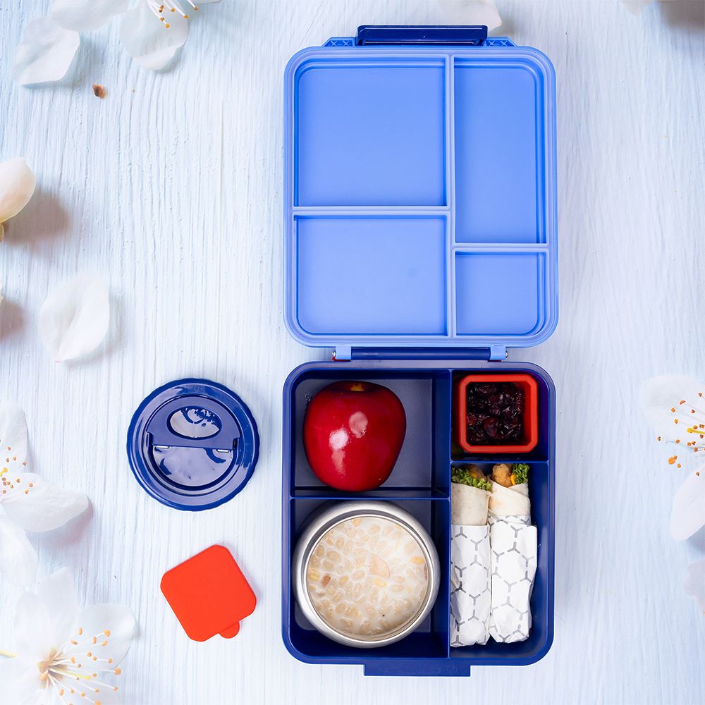 Eazy Kids - 4 Compartment Jumbo Bento Lunch Box With Thermos And Dip Jar - Blue