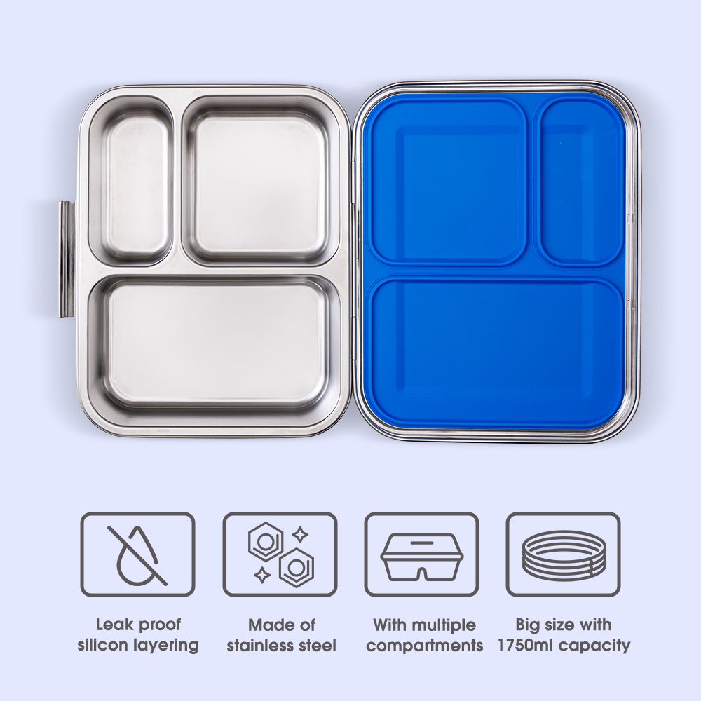 Eazy Kids - 3 Compartment Bento Steel Lunch Box - Blue