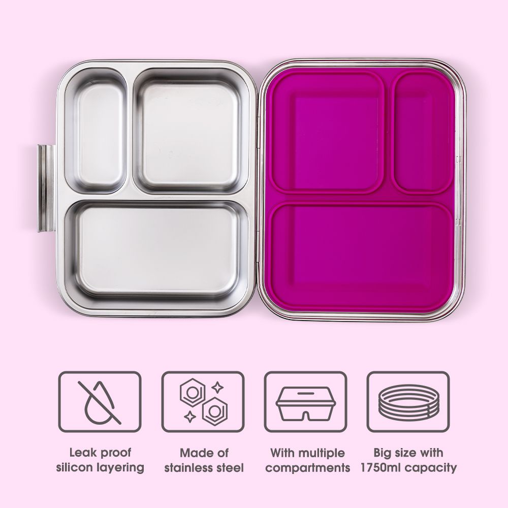 Eazy Kids - 3 Compartment Bento Steel Lunch Box - Pink