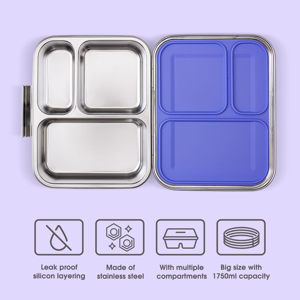 Eazy Kids - 3 Compartment Bento Steel Lunch Box - Purple