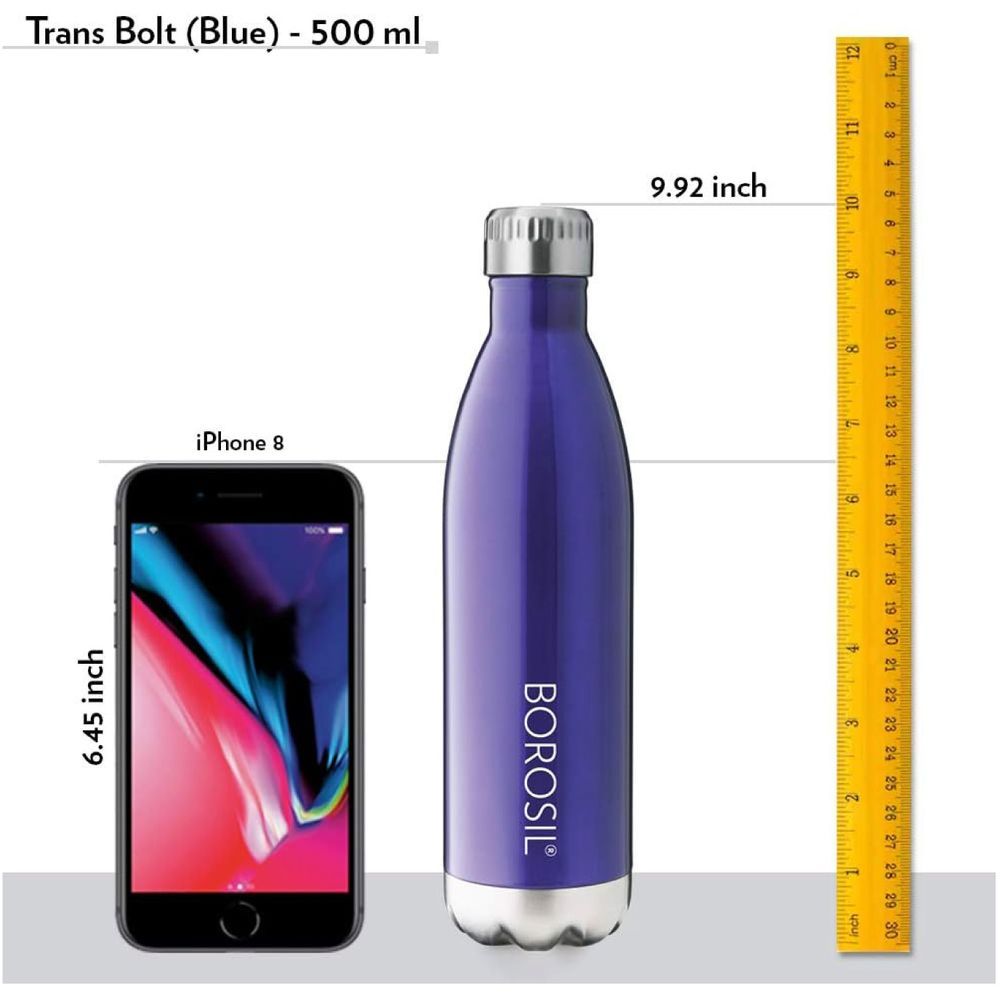 Borosil - Vacuum Insulated Trans Bolt Water Bottle - Blue - 500 ml