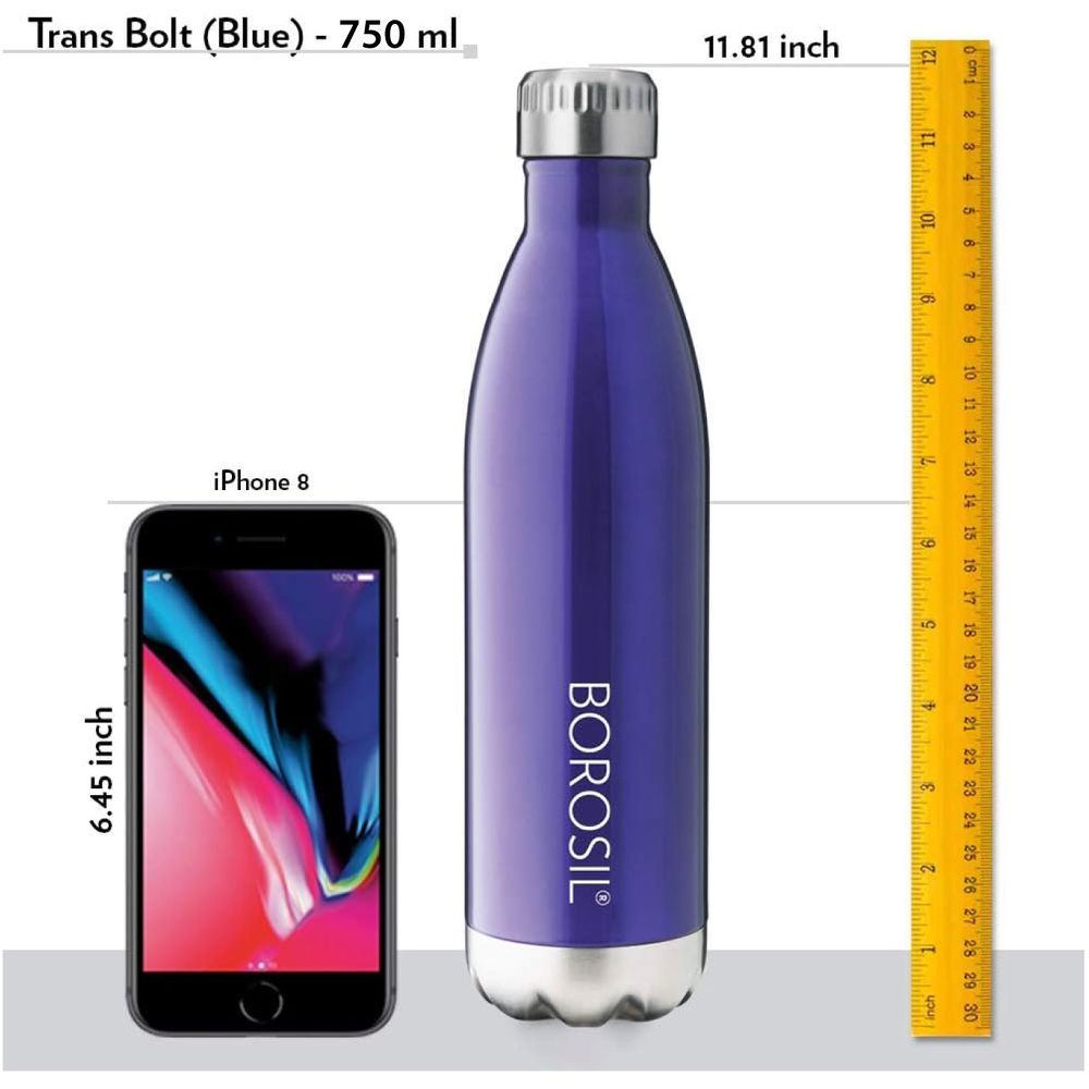 Borosil - Vacuum Insulated Trans Bolt Water Bottle - Blue - 750 ml