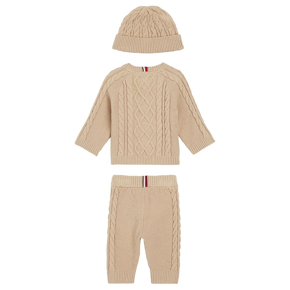 Tommy Hilfiger - 3pc-Set - Baby Cable Knit Matching Suit & Beanie Cap - Beige