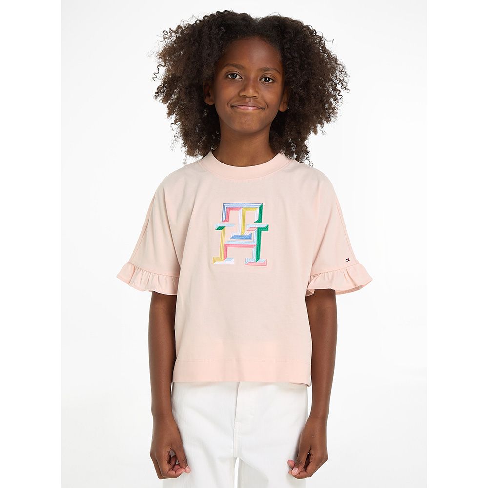 Tommy Hilfiger - TH Monogram Embroidery Ruffle Sleeves T-Shirt - Pink