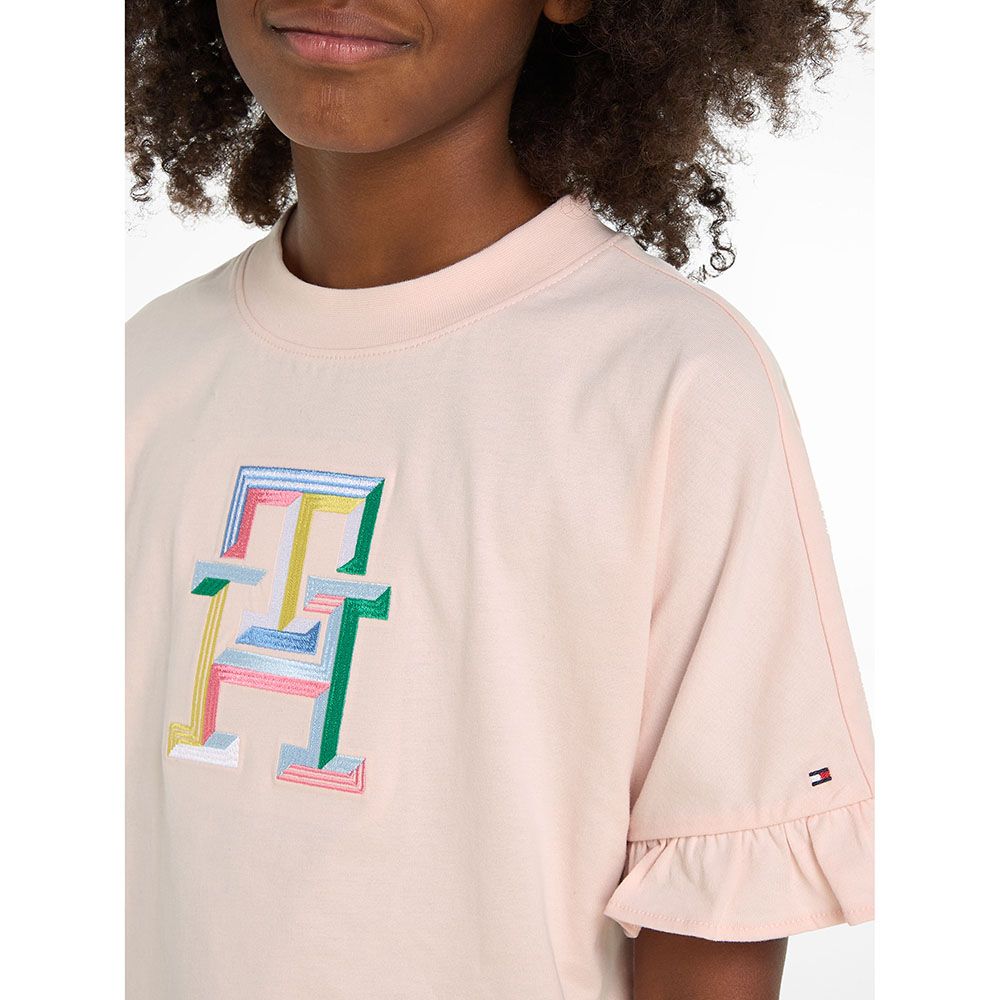 Tommy Hilfiger - TH Monogram Embroidery Ruffle Sleeves T-Shirt - Pink