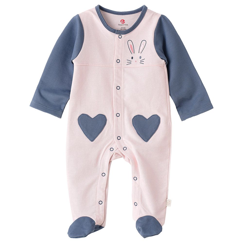 Tiny Hug - Bunny Front Open Cotton Sleepsuit - Blue