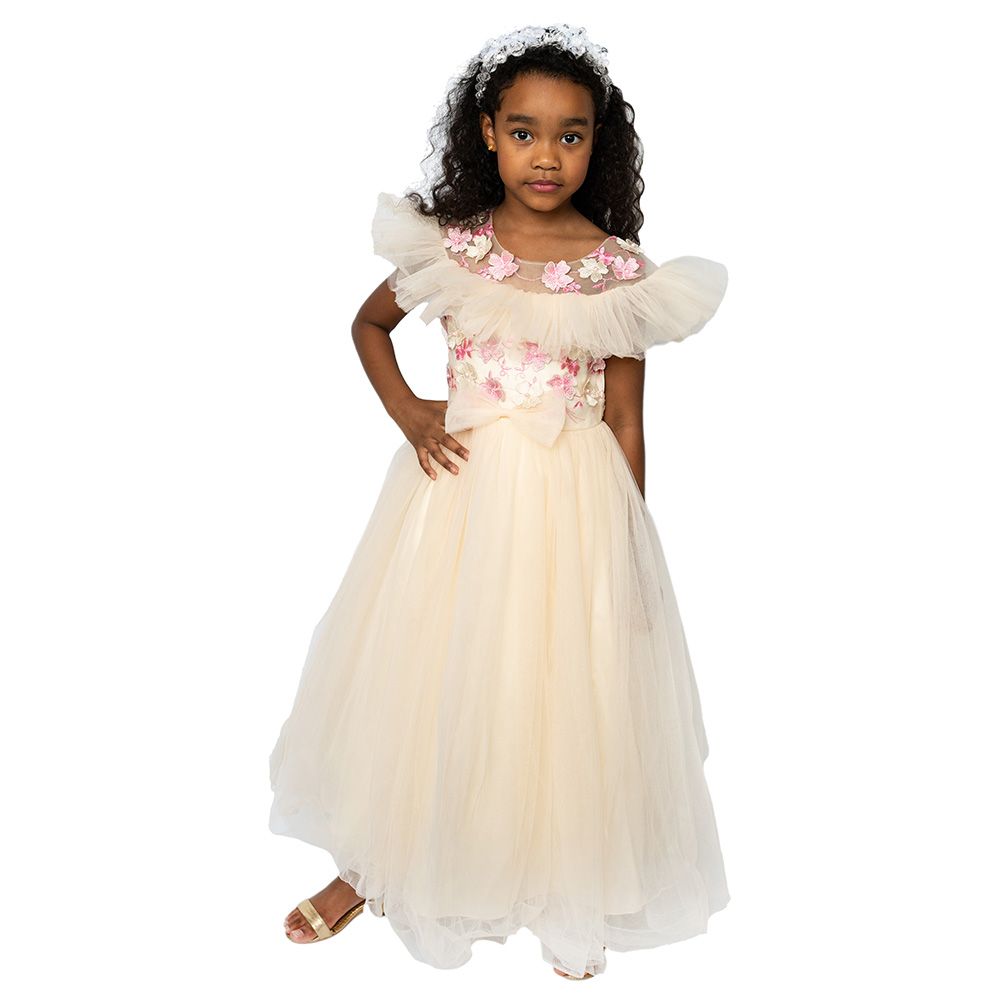 D' Daniela - Girls Fit & Flare Flower Applique Gown - Beige