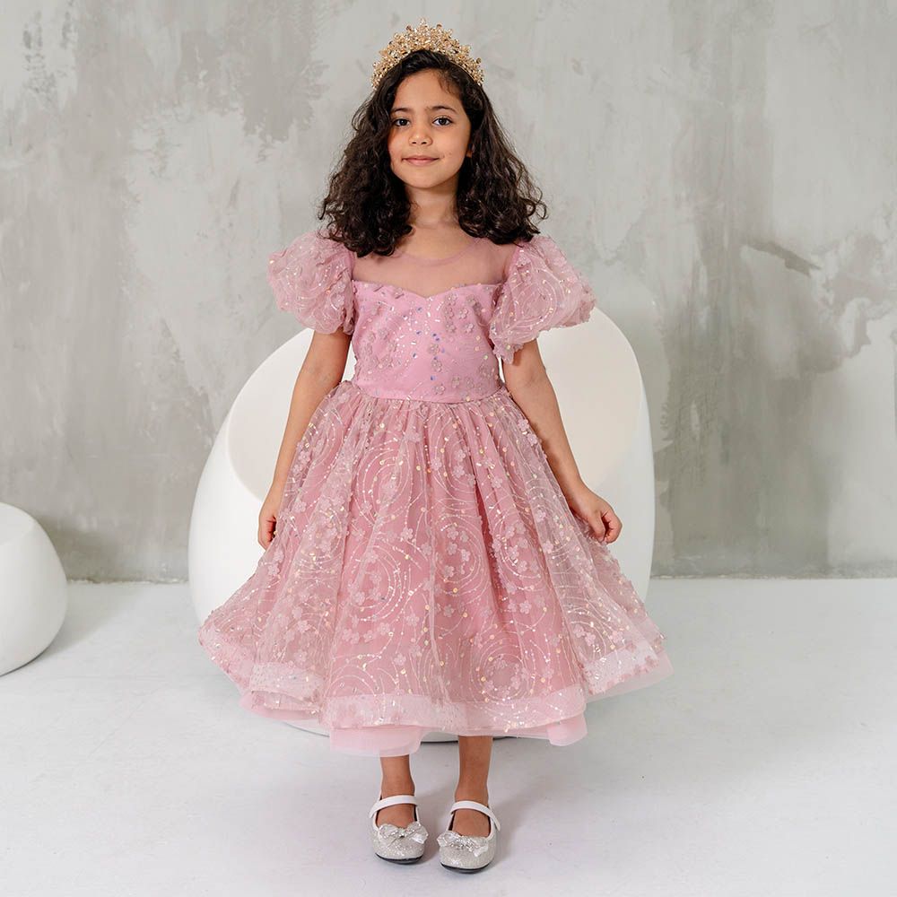 D' Daniela - Girls Balloon Sleeves Katherina Dress - Dark Pink