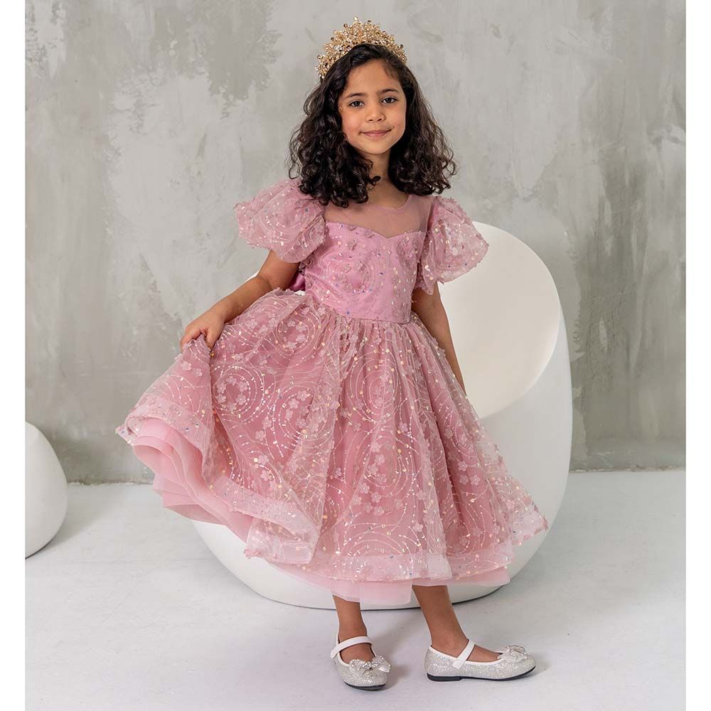 D' Daniela - Girls Balloon Sleeves Katherina Dress - Dark Pink