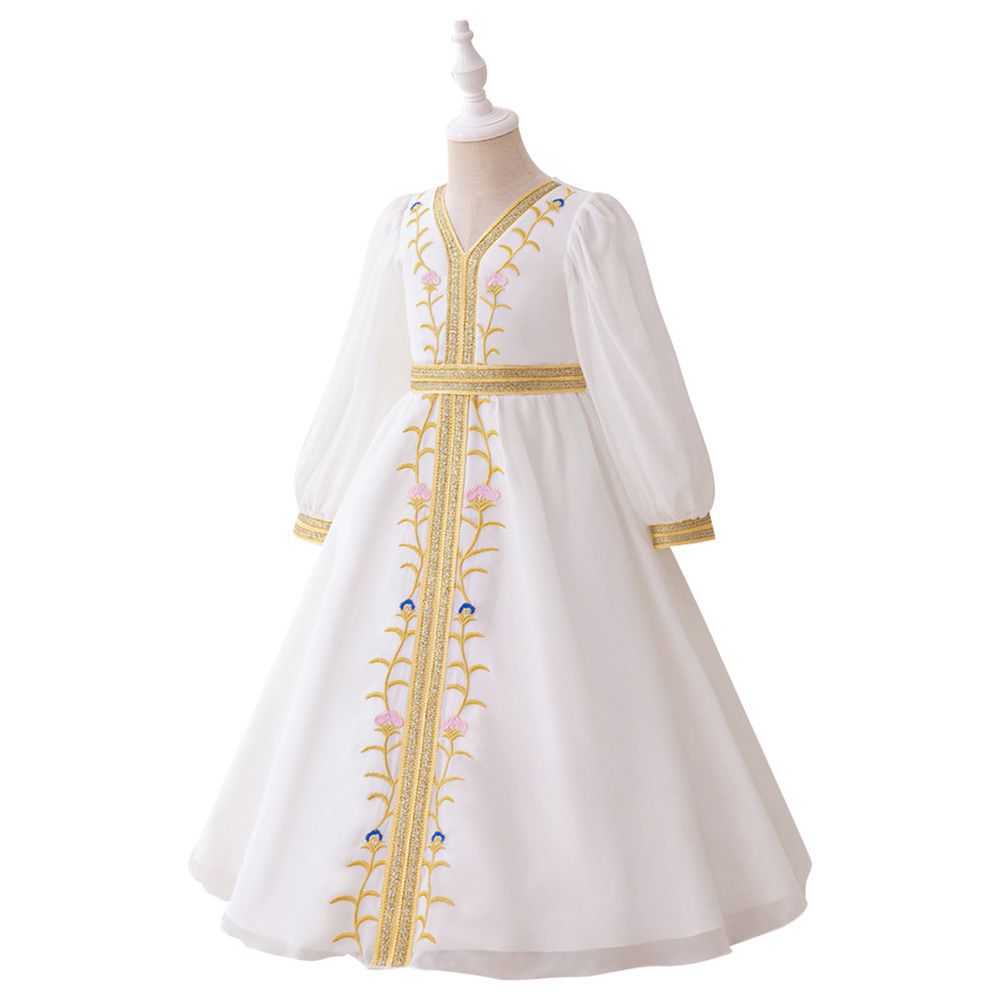 D' Daniela - Aria Embroidered Jalabiya Abaya With Tie-Up Belt - White