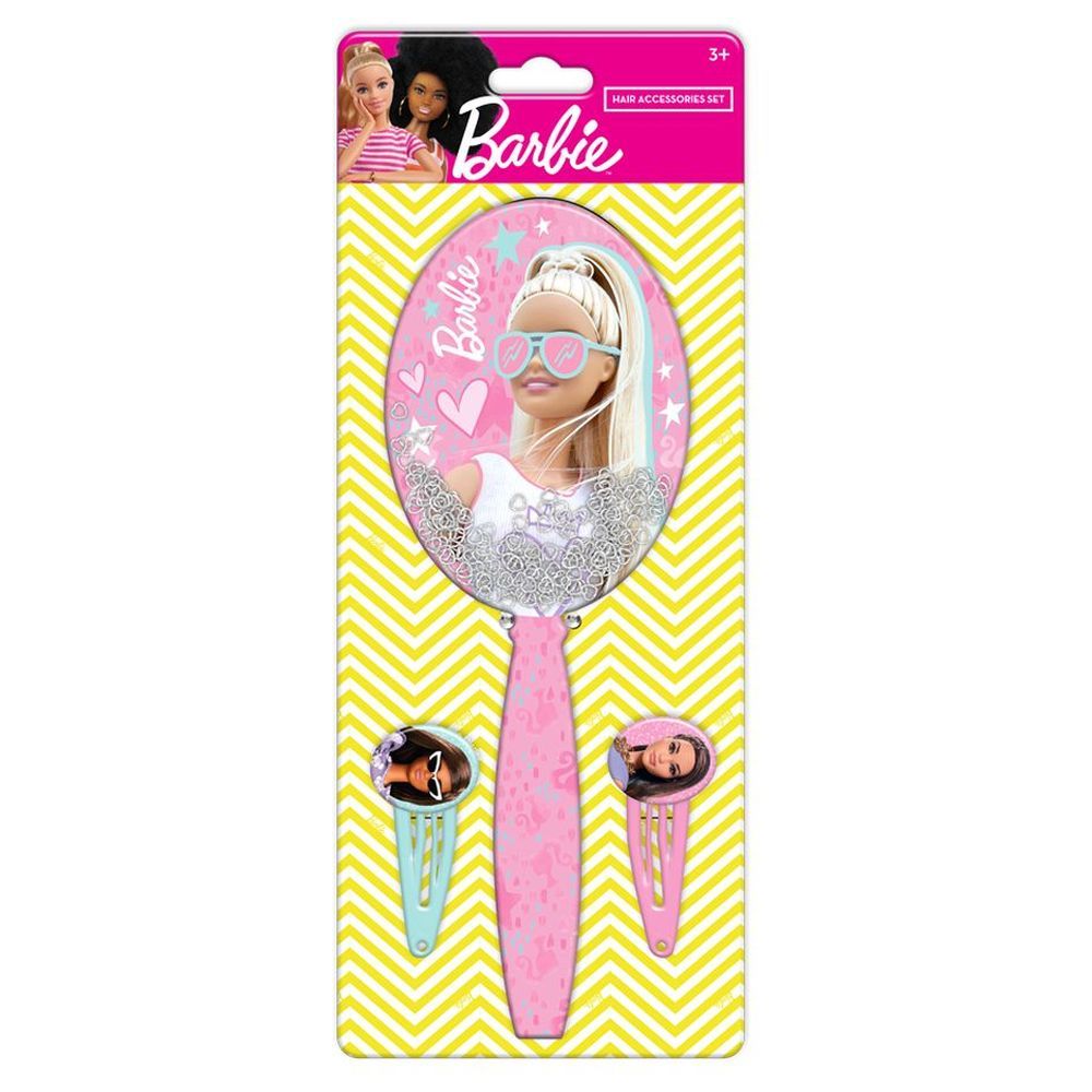 Barbie - Girls Hair Brush With Clips - 3pcs