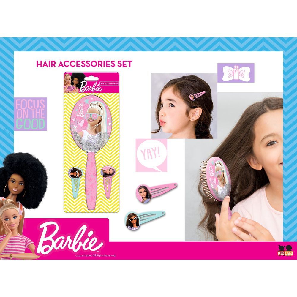 Barbie - Girls Hair Brush With Clips - 3pcs