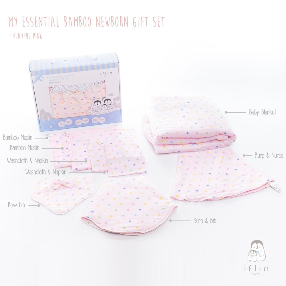 Iflin Baby - My Essential Bamboo Newborn Gift Set - Playful Pink - 8pcs